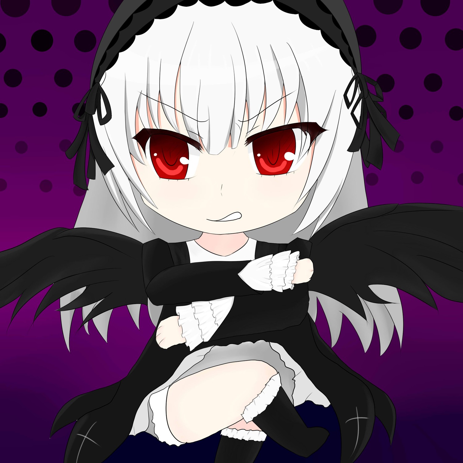 1girl :p :q bangs black_wings bloomers blush chibi dress eyebrows_visible_through_hair frills gothic_lolita hairband halftone halftone_background image long_hair long_sleeves looking_at_viewer polka_dot polka_dot_background polka_dot_panties purple_background red_eyes silver_hair solo suigintou tongue tongue_out underwear wings