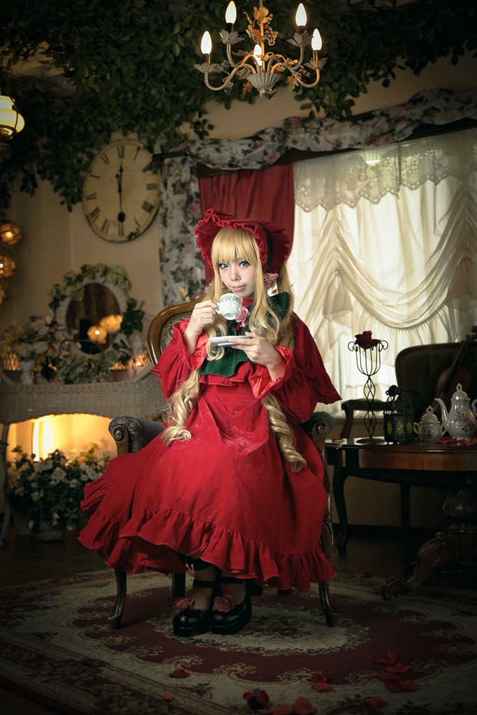 1girl blonde_hair blue_eyes bonnet curtains dress flower holding long_hair looking_at_viewer red_dress shinku solo umbrella