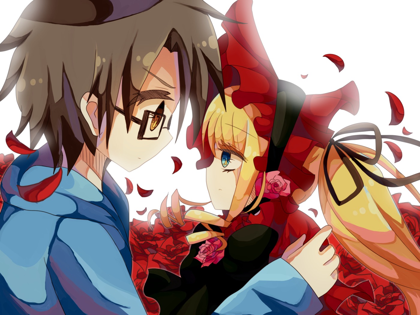 1boy 1girl blonde_hair blue_eyes brown_eyes brown_hair flower glasses hair_ribbon hat image long_hair petals red_flower red_rose ribbon rose rose_petals shinku solo