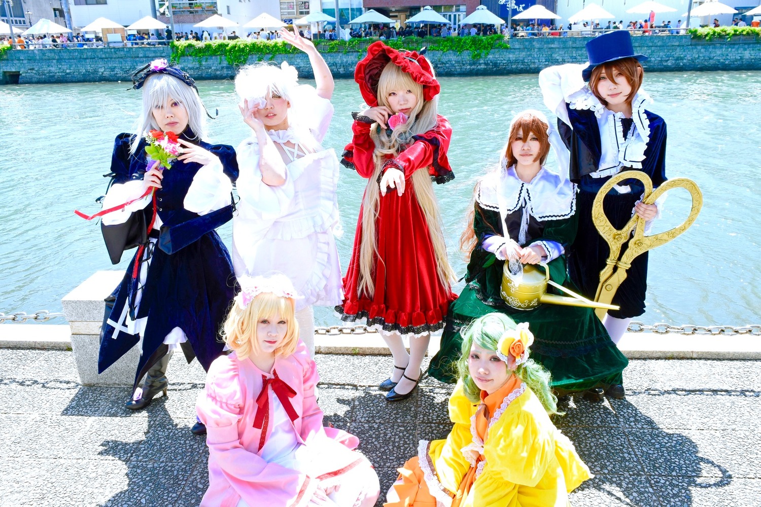 6+girls blonde_hair brown_hair city closed_eyes dress hat long_hair multiple_boys multiple_cosplay multiple_girls tagme white_hair