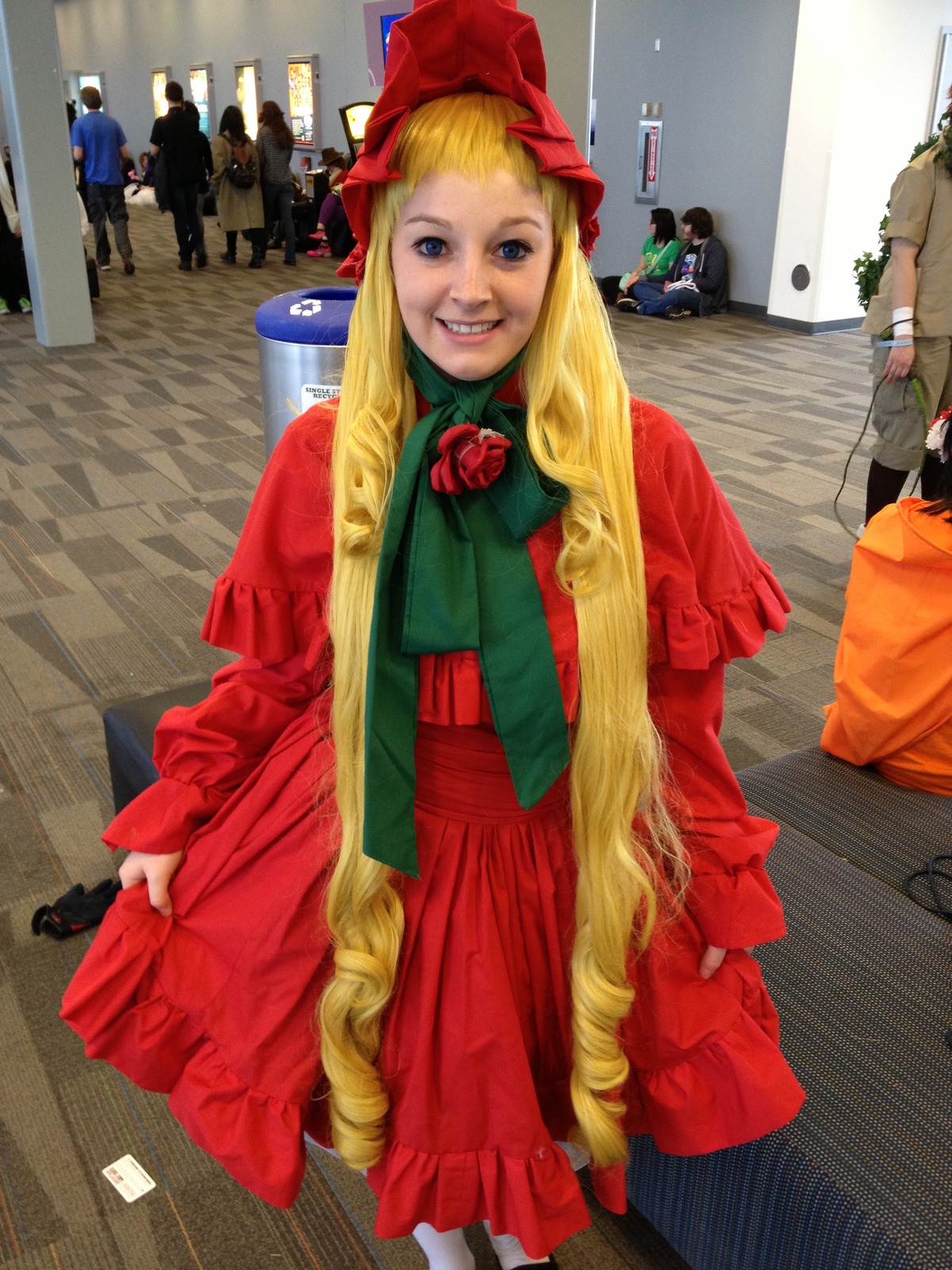 blonde_hair blue_eyes dress flower grin long_hair multiple_boys multiple_girls photo red_dress rose shinku smile solo very_long_hair