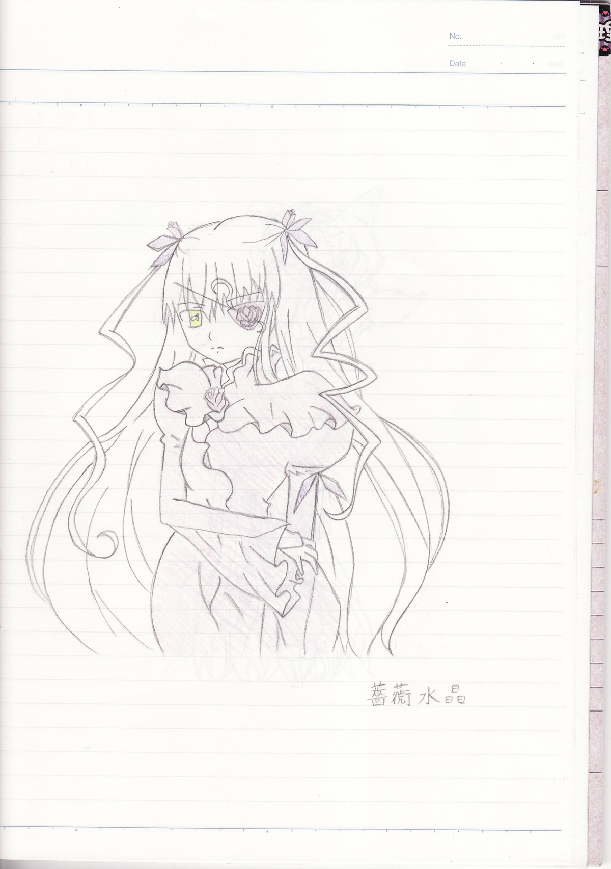 1girl barasuishou capelet dress eyepatch flower frills hair_ribbon image long_hair long_sleeves looking_at_viewer monochrome ribbon shinku simple_background solo very_long_hair
