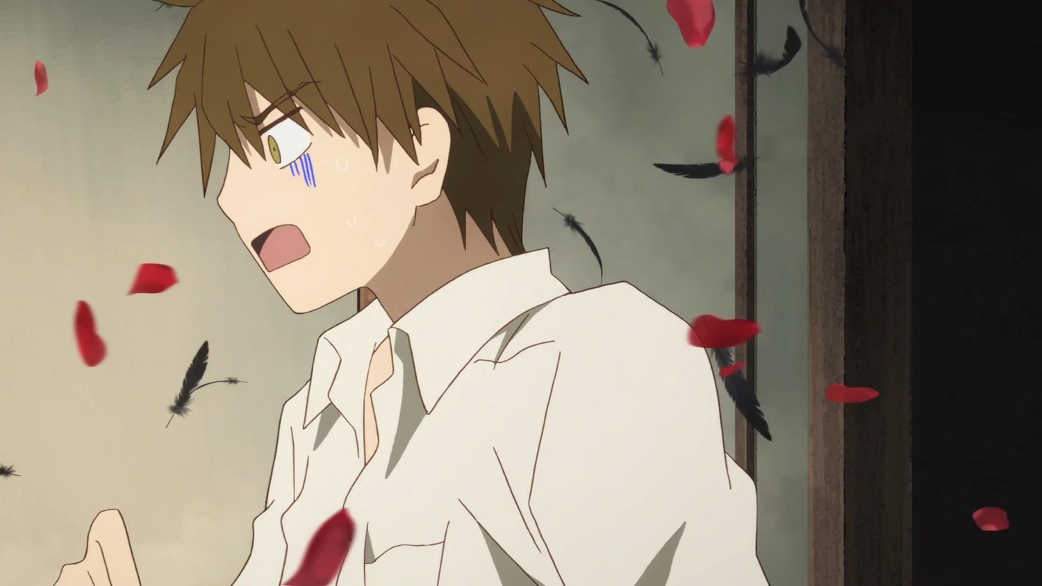 1boy brown_hair collared_shirt falling_leaves feathers human leaf open_mouth petals sakurada_jun screenshot shirt solo upper_body white_shirt yellow_eyes