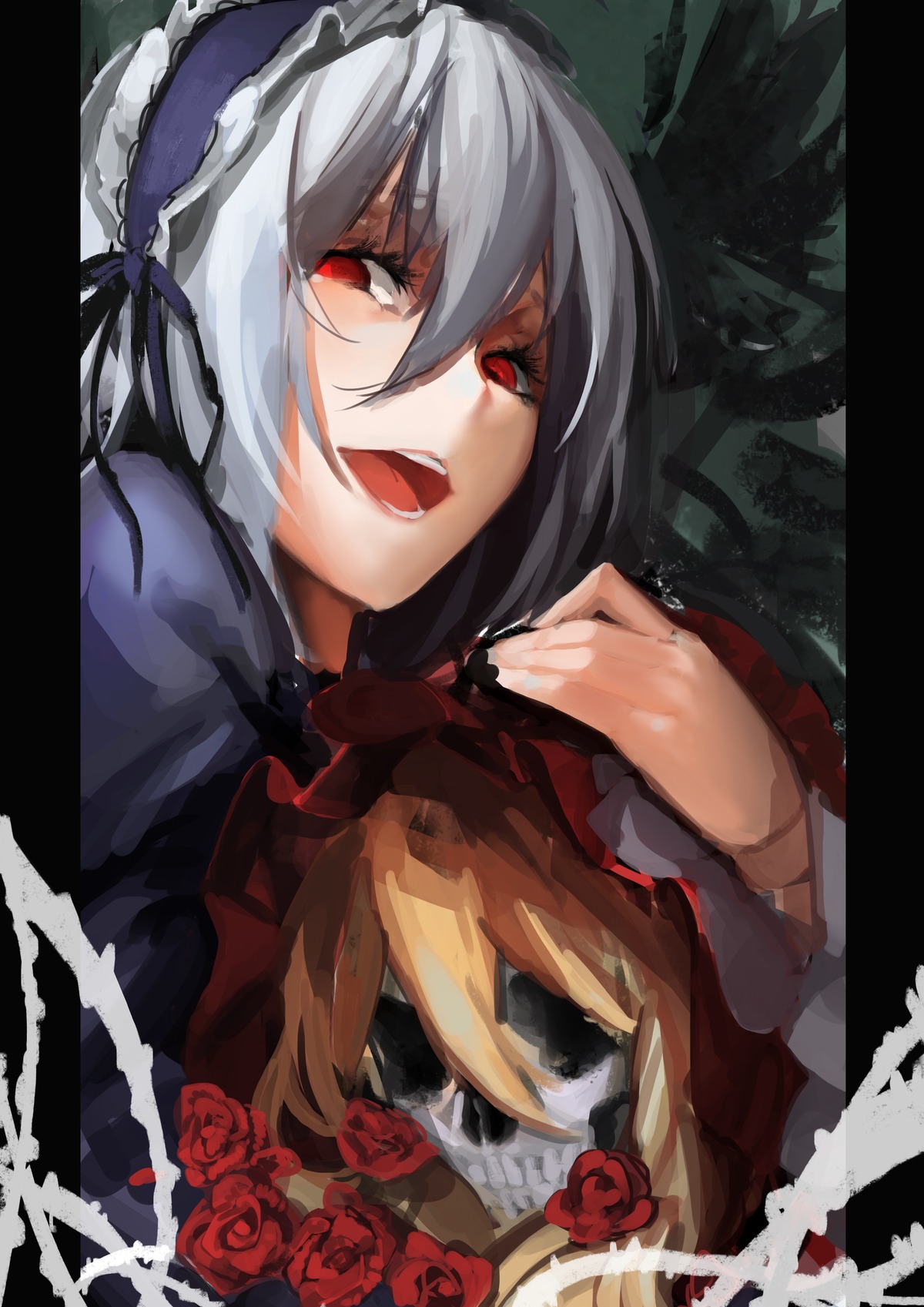 1girl absurdres blonde_hair blue_rose commentary_request doll_joints flower gothic_lolita hairband highres image joints letterboxed lolita_fashion open_mouth orokanahime photoshop_(medium) red_eyes red_flower red_rose rose rozen_maiden shinku silver_hair skull solo suigintou thorns white_rose