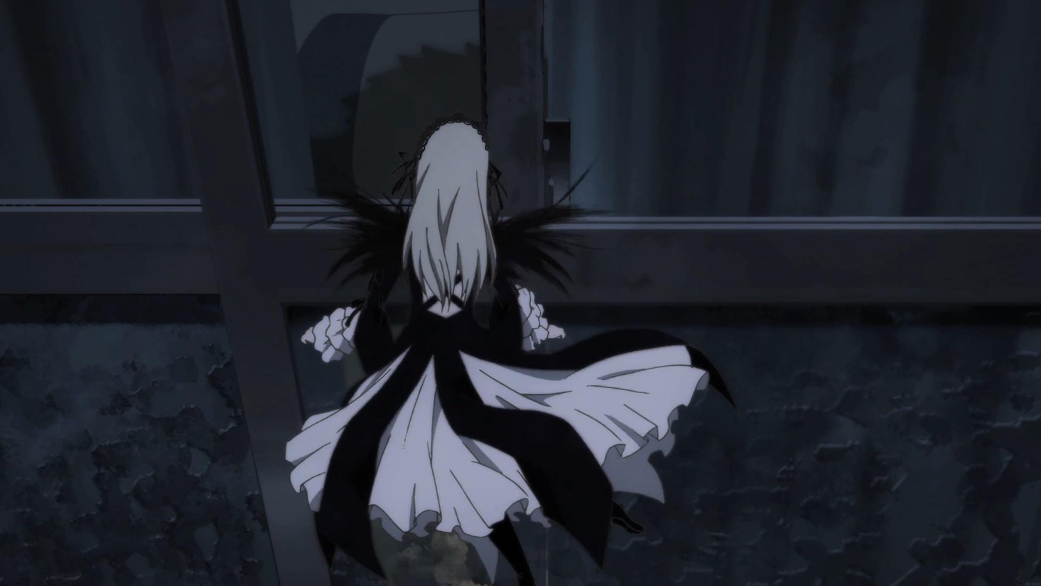 1girl bat_wings dress greyscale image long_hair monochrome remilia_scarlet solo standing suigintou wings