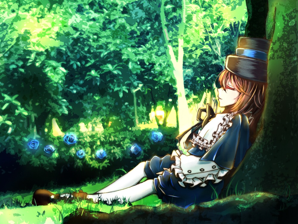 1girl barefoot blue_flower blue_rose brown_hair capelet closed_eyes flower hat image nature ribbon rose short_hair shorts sitting solo souseiseki sunlight tree