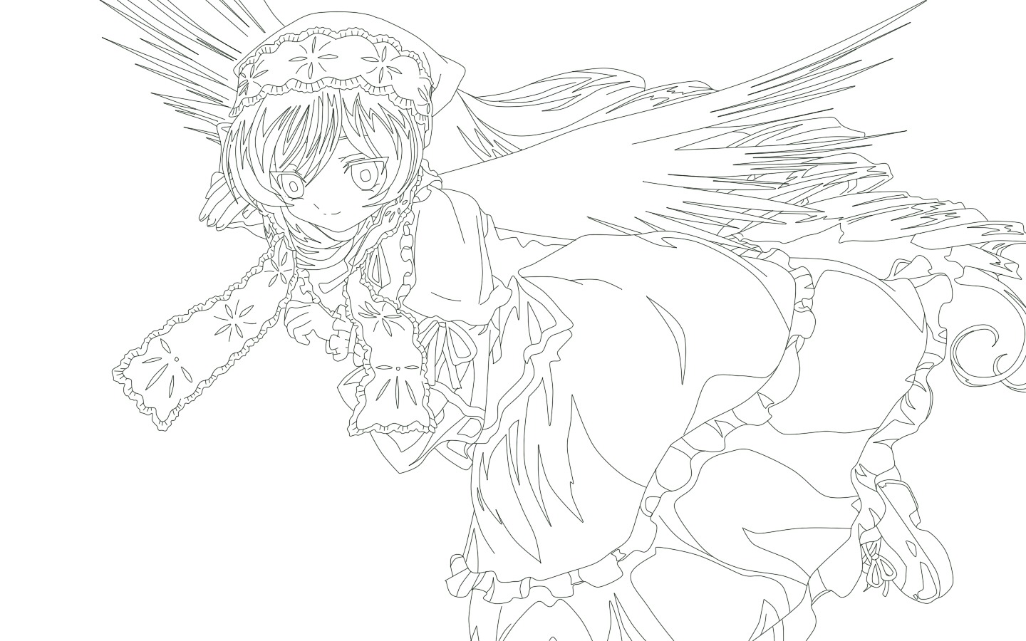1girl boots braid dress feathered_wings frilled_dress frills full_body greyscale image long_hair long_sleeves looking_at_viewer monochrome smile solo striped striped_background suiseiseki vertical_stripes white_background wings