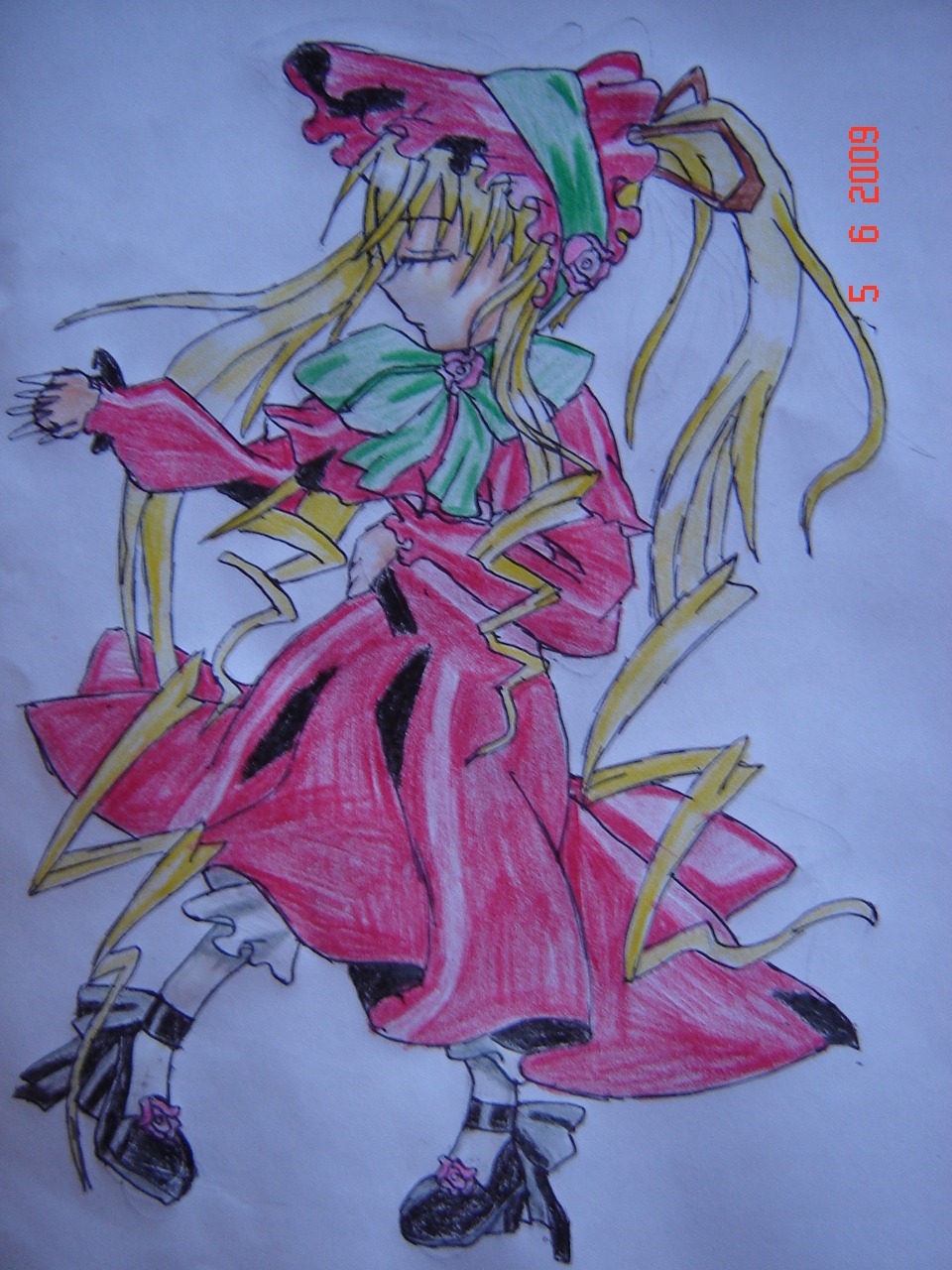 1girl black_footwear blonde_hair bonnet bow bowtie closed_eyes dress full_body hat image long_hair long_sleeves marker_(medium) photo red_dress rose shinku shoes solo standing traditional_media twintails