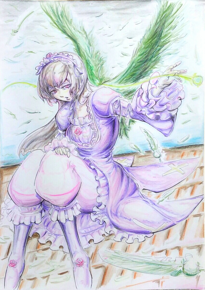 1girl dress feathers frills image long_hair sitting solo suigintou traditional_media tree watercolor_(medium) wings