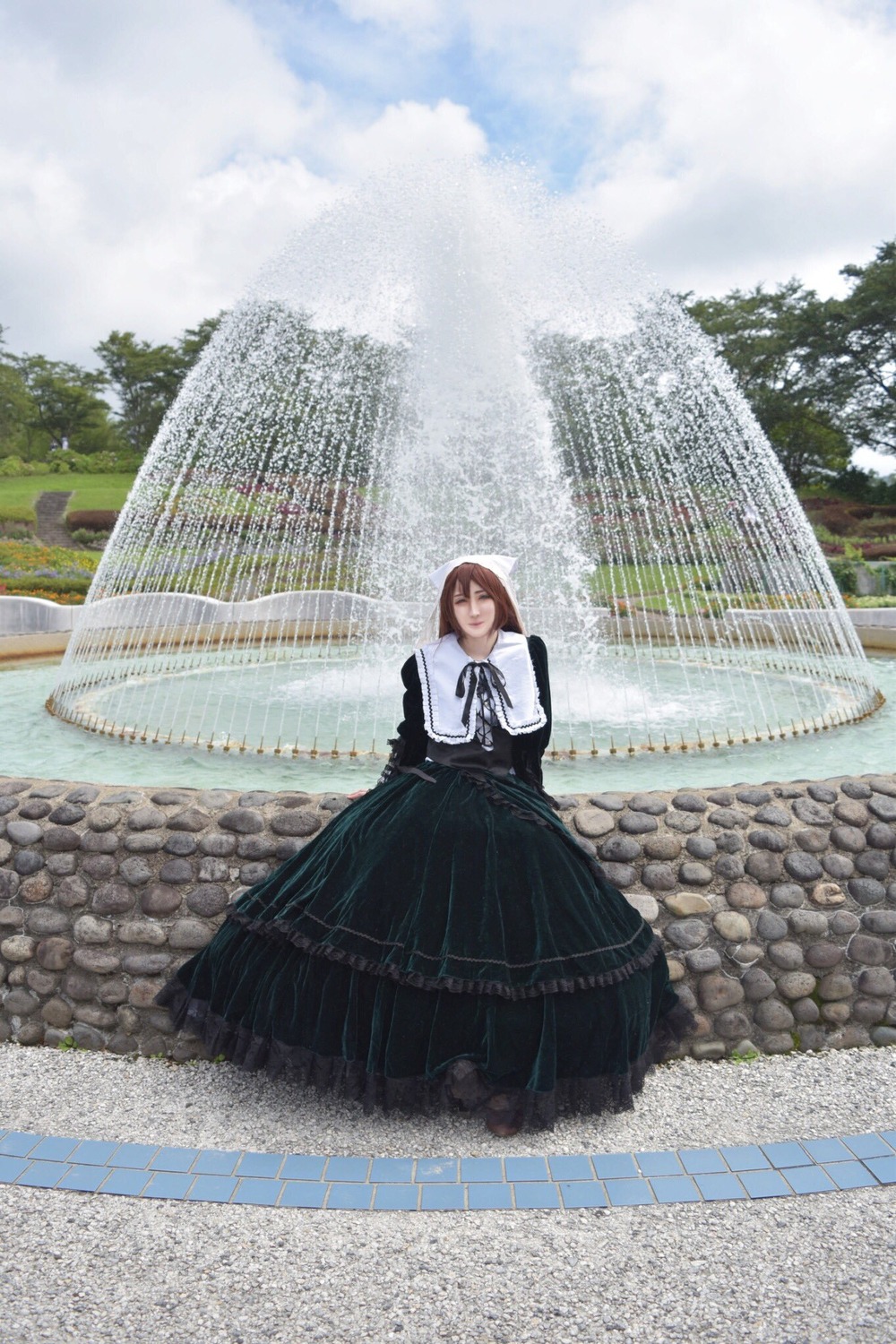 1girl brown_hair building chain-link_fence closed_eyes cloud day dress fence long_sleeves outdoors sky solo standing suiseiseki tiles tree