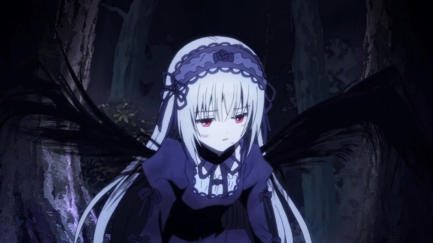 1girl bangs black_dress black_wings closed_mouth dress eyebrows_visible_through_hair frills hairband image juliet_sleeves long_hair long_sleeves looking_at_viewer outdoors puffy_sleeves red_eyes ribbon silver_hair solo suigintou tree very_long_hair wings