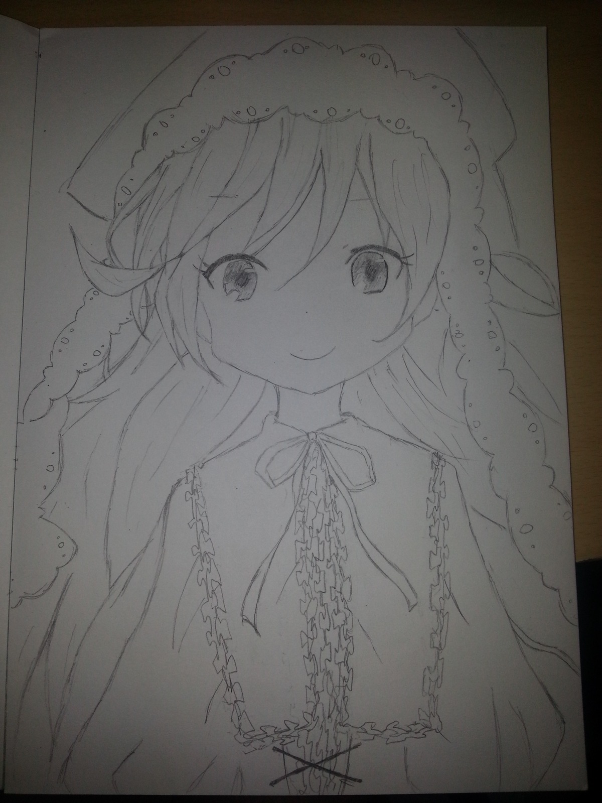 1girl bangs blush chain closed_mouth dress eyebrows_visible_through_hair greyscale hair_between_eyes image long_hair long_sleeves looking_at_viewer monochrome neck_ribbon photo smile solo suiseiseki traditional_media upper_body veil