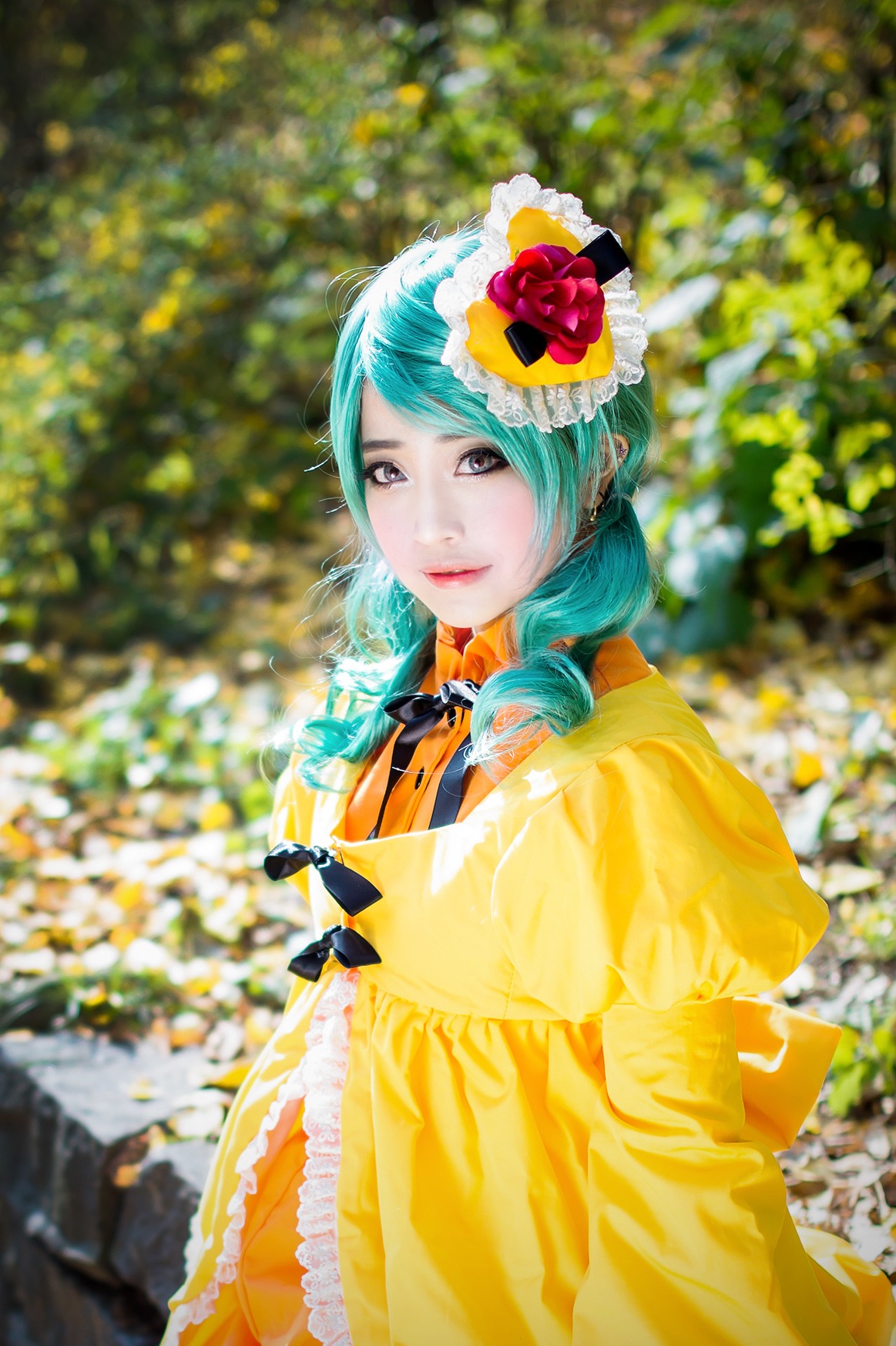 1girl aqua_hair blurry blurry_background blurry_foreground bow depth_of_field dress flower frills kanaria looking_at_viewer outdoors solo yellow_dress