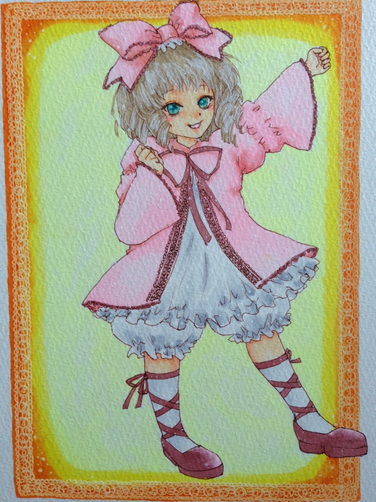 1girl aqua_eyes auto_tagged bloomers bow cross-laced_footwear dress hair_bow hina_ichigo hinaichigo image leg_ribbon long_sleeves looking_at_viewer open_mouth pink_bow ribbon short_hair smile solo traditional_media underwear