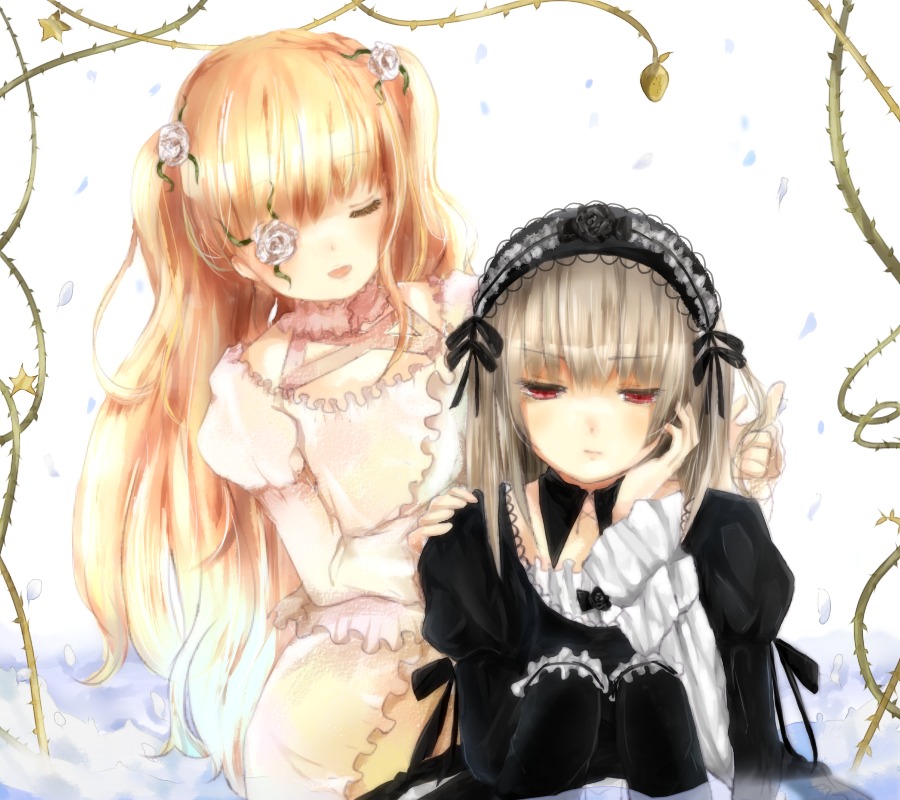 2girls blonde_hair closed_eyes dress eyepatch flower frills hairband image kirakishou leaf lolita_hairband long_hair long_sleeves multiple_girls pair red_eyes ribbon rose suigintou twintails vines white_flower