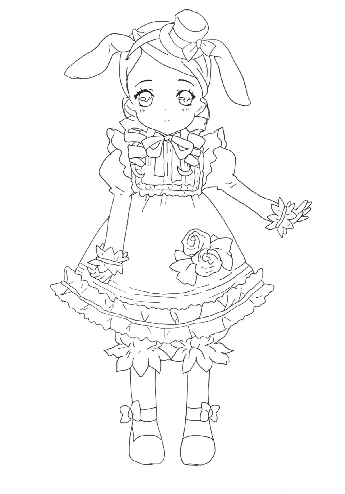 1girl animal_ears bloomers bow bunny_ears dress frills full_body greyscale hat image kanaria looking_at_viewer monochrome puffy_short_sleeves puffy_sleeves solo standing striped striped_legwear top_hat