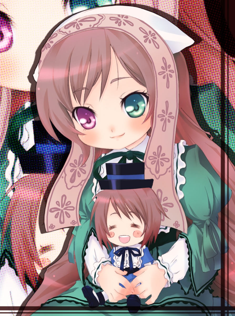 ^_^ blush_stickers brown_hair chibi closed_eyes dress green_dress heterochromia image long_hair long_sleeves multiple_girls open_mouth pair short_hair siblings sisters smile souseiseki suiseiseki twins very_long_hair