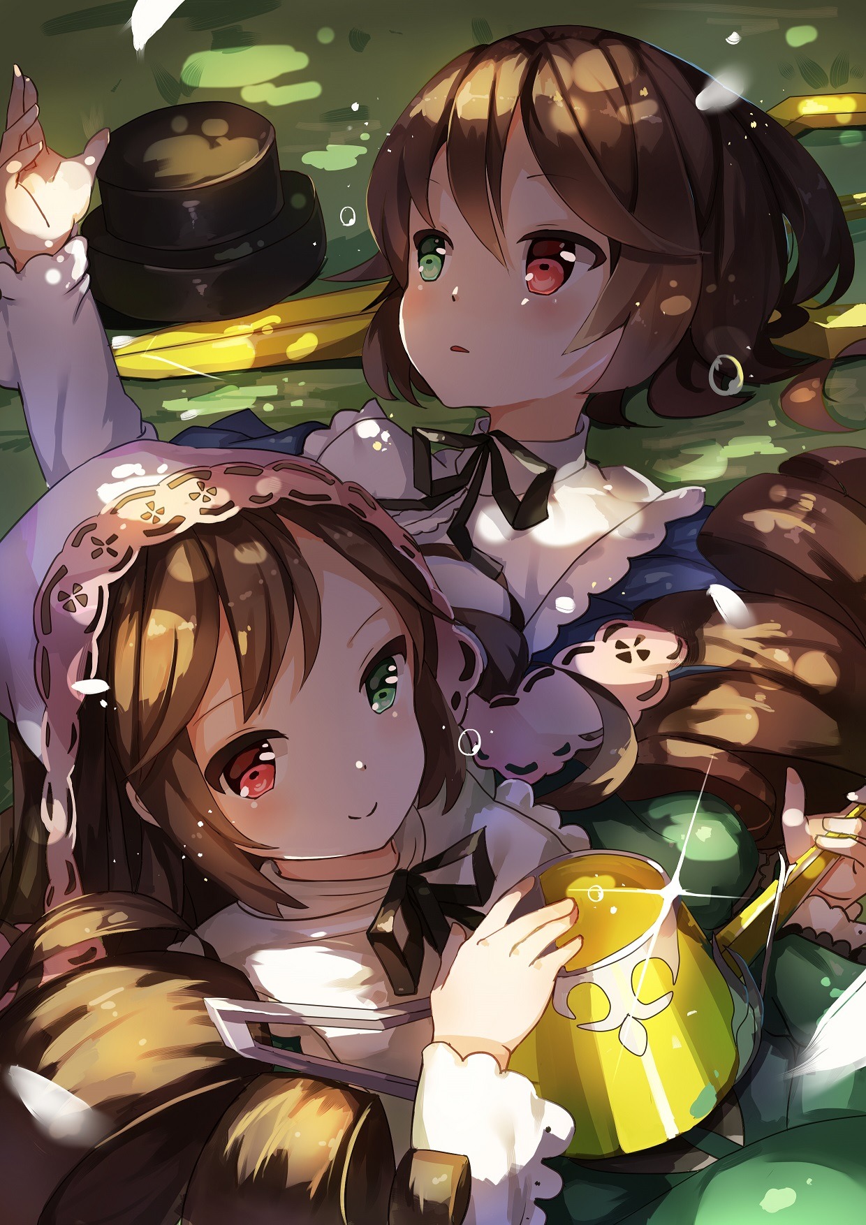 2girls brown_hair dress eyebrows_visible_through_hair green_dress green_eyes head_scarf heterochromia holding image long_hair long_sleeves looking_at_viewer lying multiple_girls on_back pair red_eyes ribbon short_hair siblings sisters smile souseiseki suiseiseki tears twins watering_can