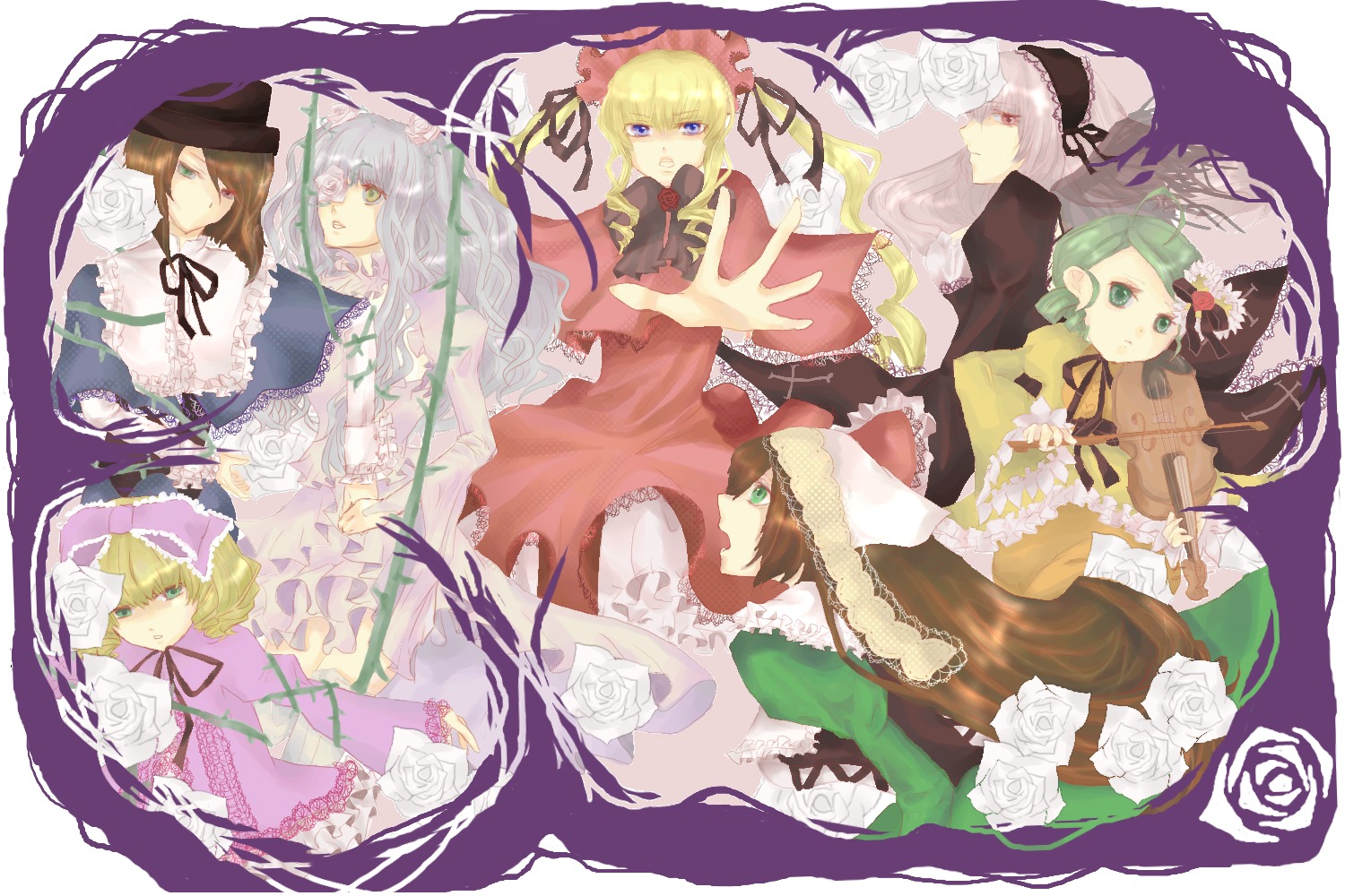 6+girls blonde_hair blue_eyes bow brown_hair dress flower frills green_hair hat hina_ichigo image kanaria long_hair multiple multiple_boys multiple_girls pink_bow ribbon rose shinku short_hair silver_hair souseiseki suigintou suiseiseki tagme white_flower white_rose