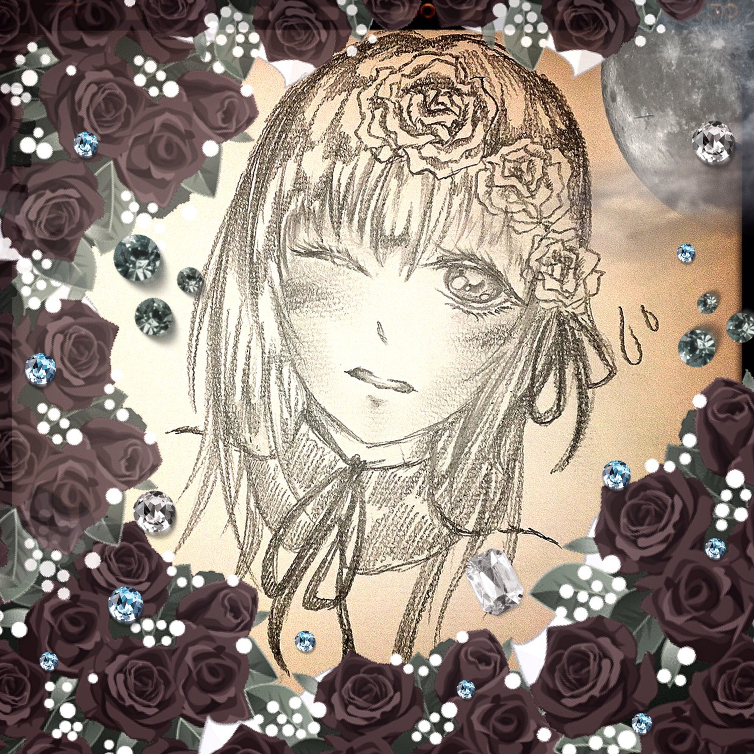 1girl black_flower black_rose blue_flower blue_rose flower green_flower image orange_flower pink_flower pink_rose portrait purple_rose red_flower red_rose rose rose_petals short_hair solo suigintou thorns vines white_flower white_rose yellow_flower yellow_rose