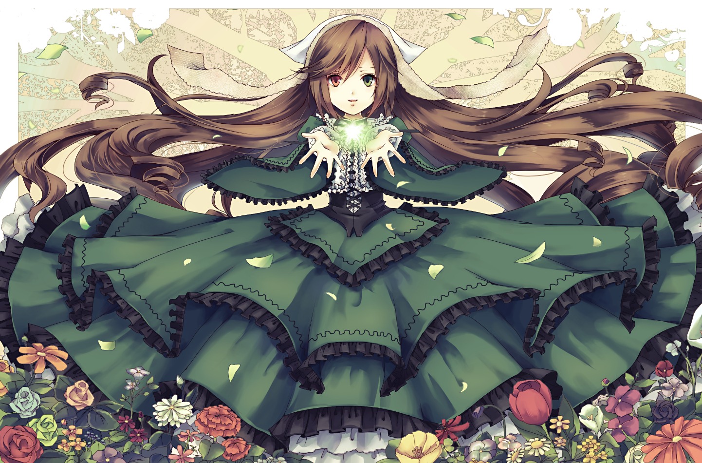 1girl brown_hair commentary_request doll dress field flower flower_field frills green_dress green_eyes hat heterochromia image long_hair long_sleeves petals red_eyes rose rozen_maiden solo suiseiseki tulip very_long_hair wide_sleeves z-epto_(chat-noir86)