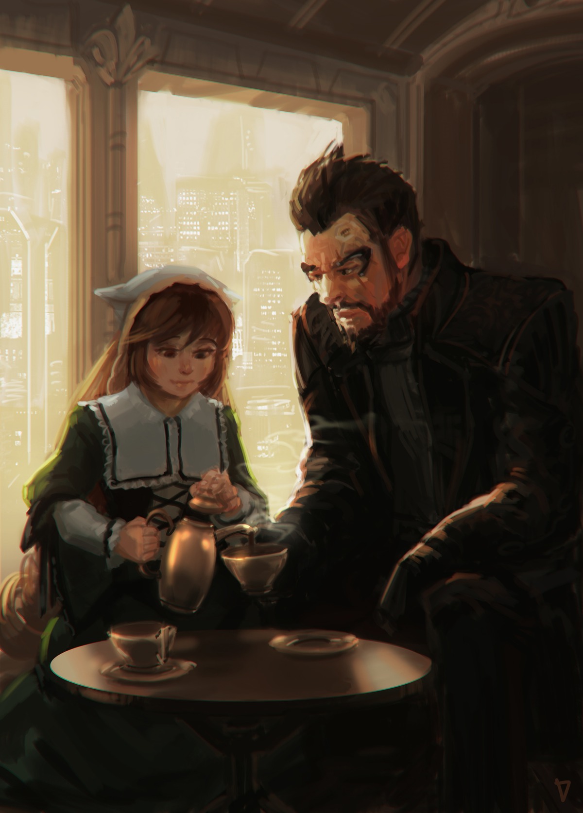 1boy 1girl absurdres adam_jensen apron bad_deviantart_id bad_id beard brown_hair crossover cup cyberpunk cyborg day deus_ex deus_ex:_human_revolution doyora facial_hair highres image indoors long_hair maid manly mustache no_lineart parody photoshop_(medium) pouring pun rozen_maiden sitting smile solo suiseiseki tea teacup very_long_hair window