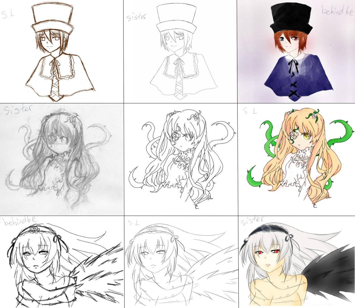 dress flower frills hairband hat image long_hair multiple multiple_girls ribbon rose shinku short_hair souseiseki suigintou suiseiseki tagme top_hat twintails wings