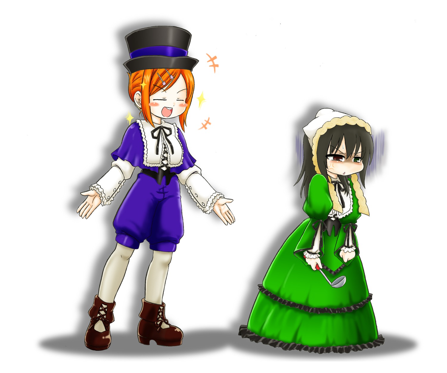 2girls black_hair blush closed_eyes dress frills hat heterochromia image lolita_fashion long_sleeves multiple_girls open_mouth orange_hair pair short_hair souseiseki suiseiseki top_hat