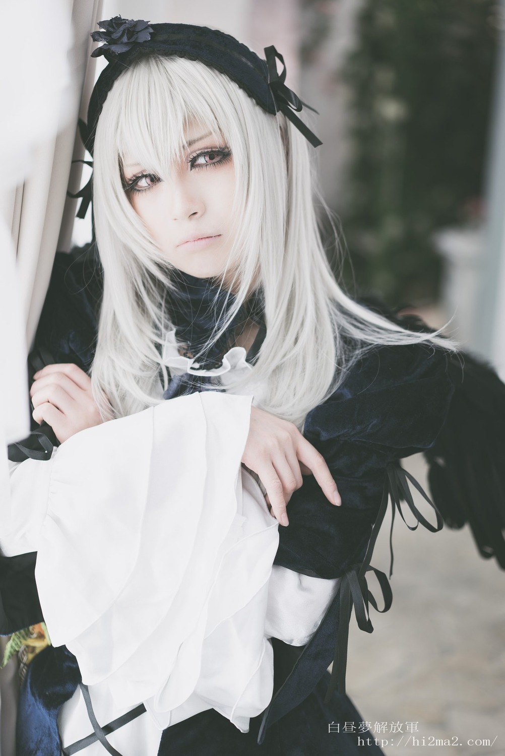 1girl black_ribbon blurry closed_mouth dress flower hairband long_hair long_sleeves looking_at_viewer ribbon solo suigintou