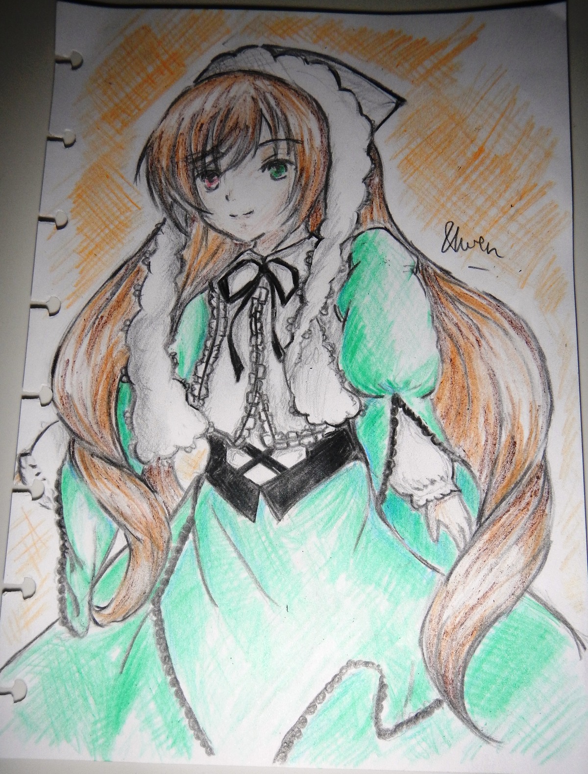 1girl black_ribbon brown_hair dress frills fur_trim green_dress green_eyes heterochromia image long_hair long_sleeves looking_at_viewer marker_(medium) photo red_eyes ribbon smile solo suiseiseki traditional_media very_long_hair watercolor_(medium)