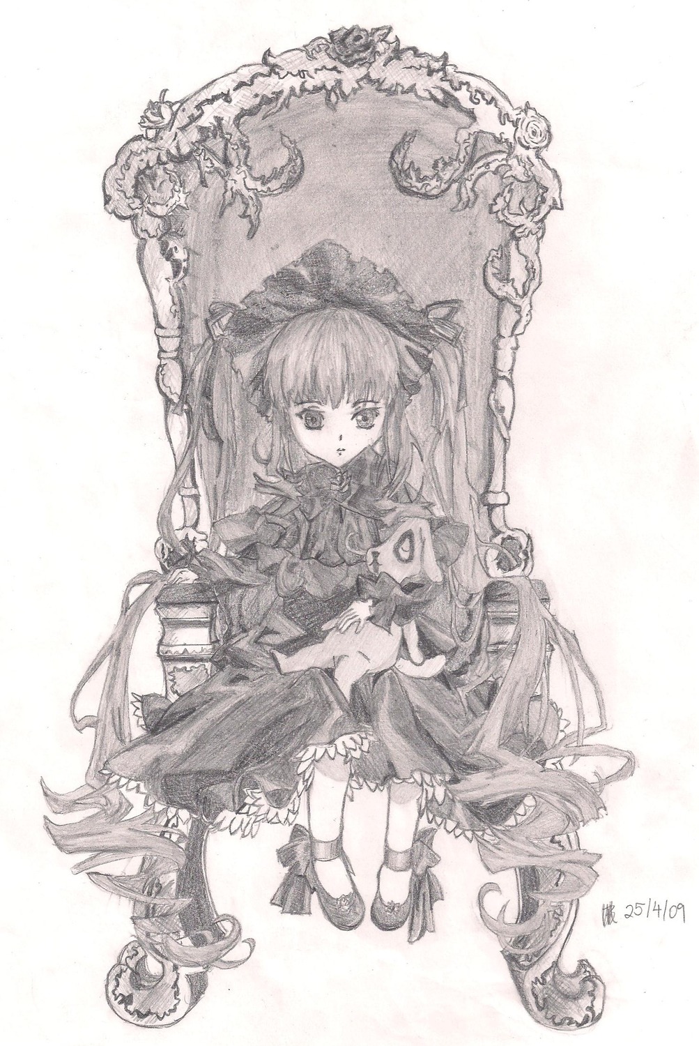 1girl bow image long_hair monochrome ribbon shinku sitting solo traditional_media very_long_hair