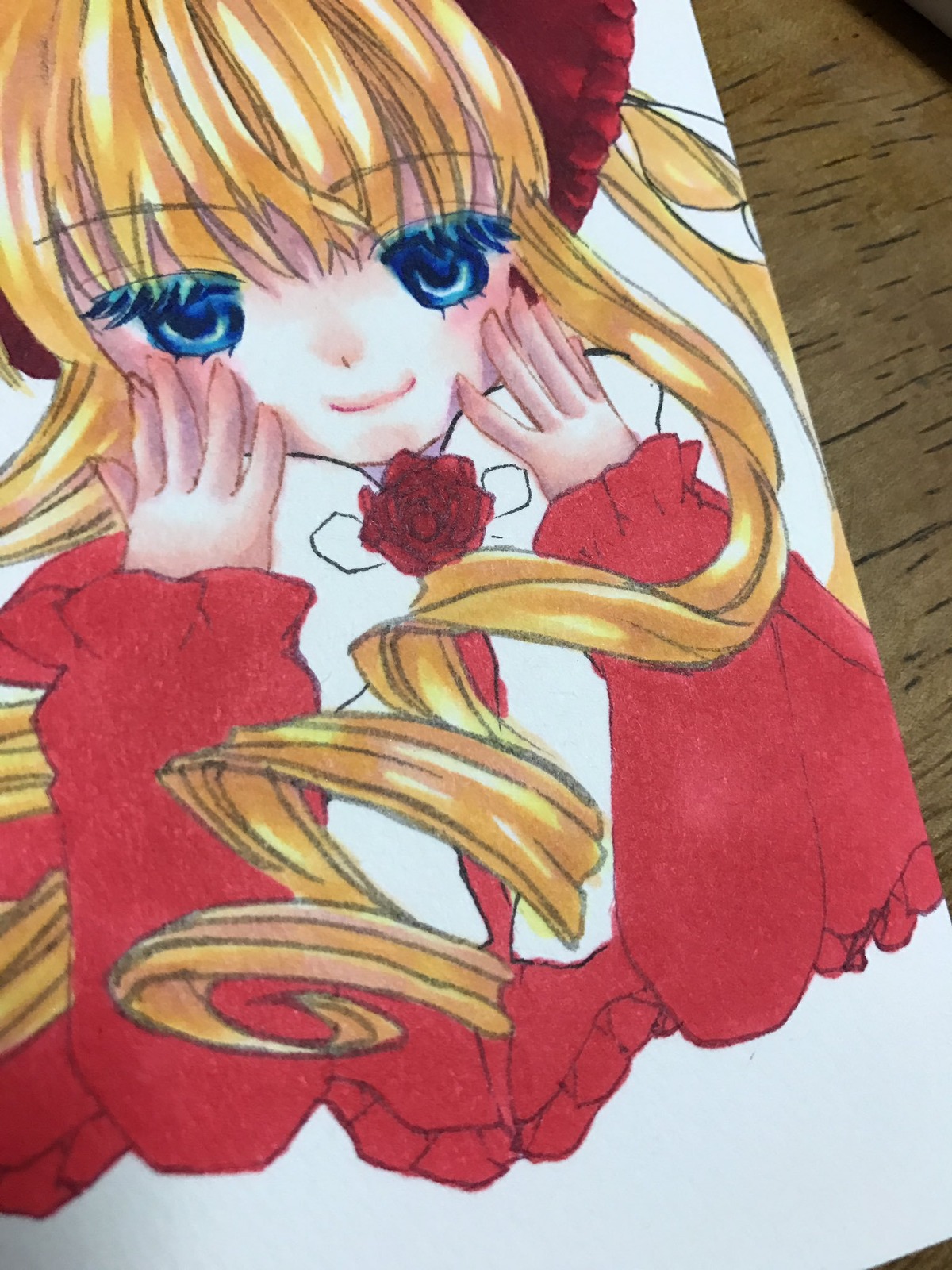 1girl bangs blonde_hair blue_eyes bow dress drill_hair flower green_bow image long_hair long_sleeves looking_at_viewer marker_(medium) photo pink_rose red_flower red_rose rose shinku sidelocks simple_background smile solo traditional_media twin_drills upper_body white_background