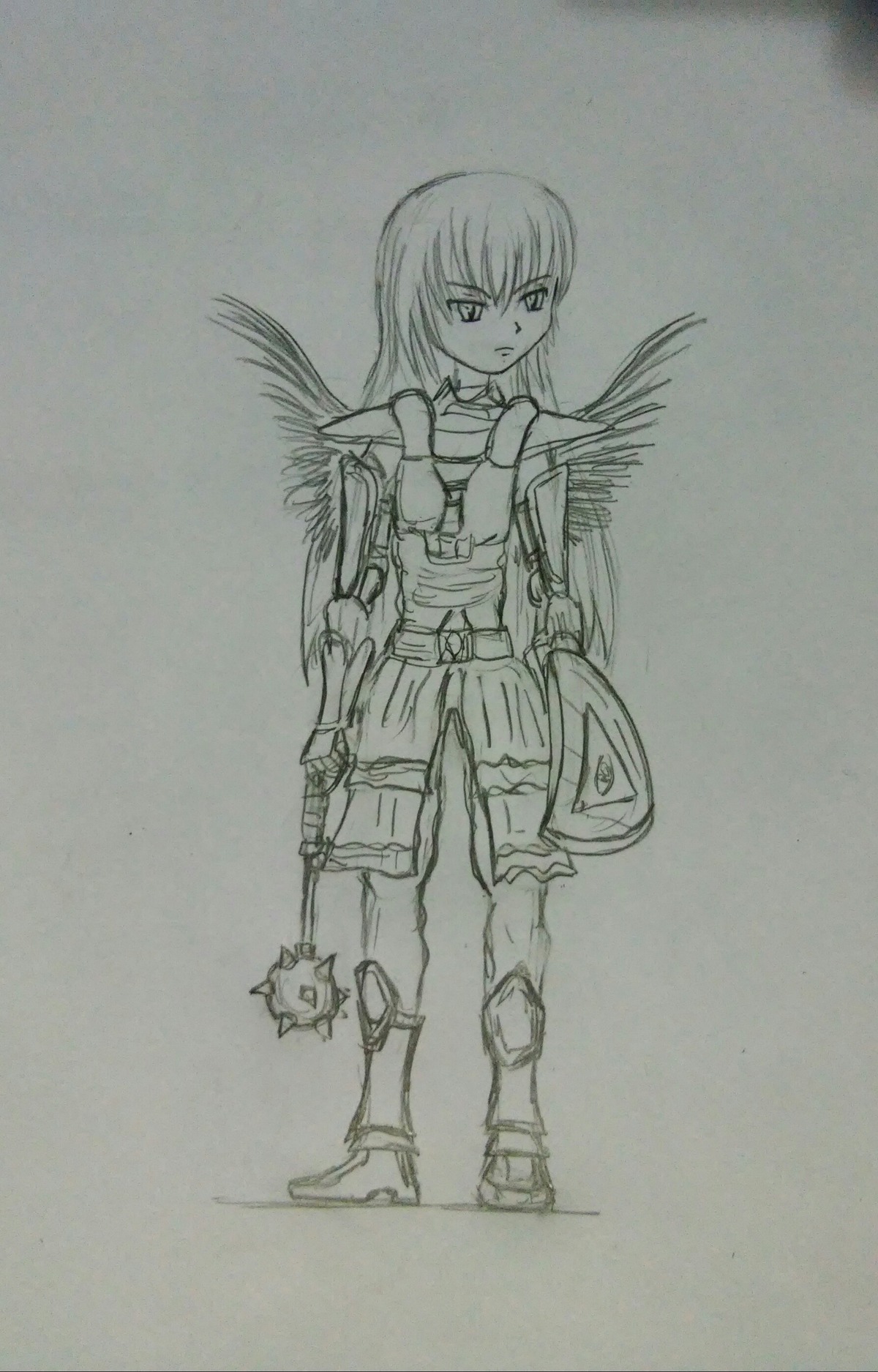 1girl bare_shoulders elbow_gloves full_body gloves greyscale image long_hair looking_at_viewer monochrome shield sketch solo standing suigintou thighhighs traditional_media weapon