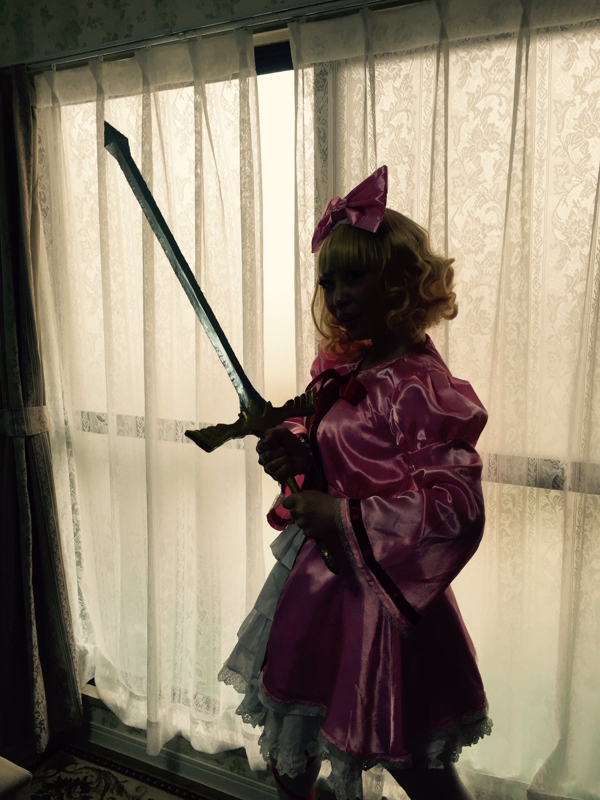1girl bow curly_hair dress gloves hair_bow indoors red_bow red_dress shinku solo standing weapon