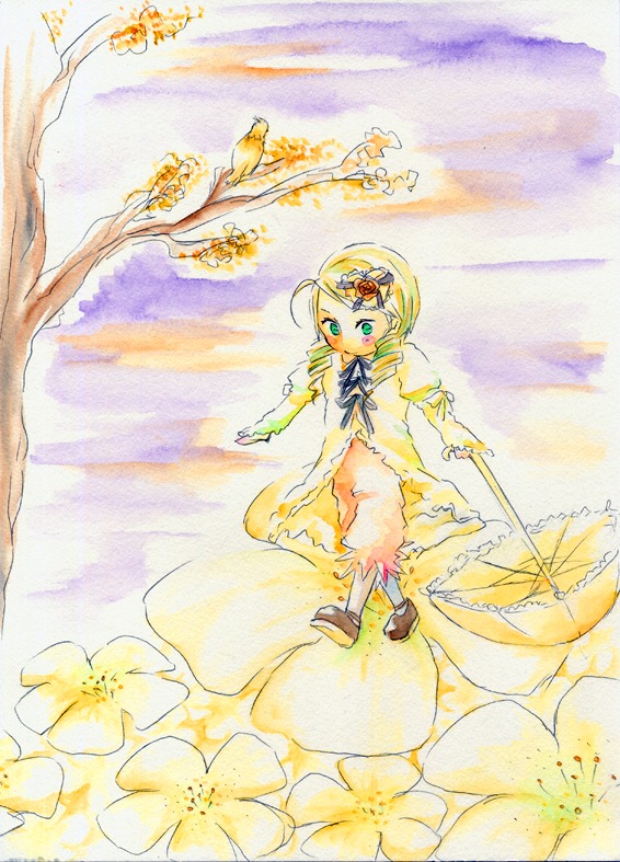 1girl blonde_hair dress flower green_eyes hair_flower hair_ornament image kanaria long_sleeves ribbon short_hair solo traditional_media watercolor_(medium) yellow_dress