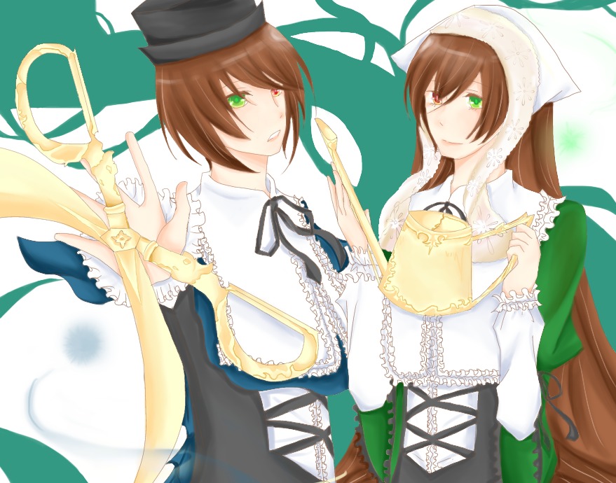 2girls brown_hair dress frills green_dress green_eyes hat head_scarf heterochromia image long_hair long_sleeves looking_at_viewer multiple_girls pair red_eyes ribbon scissors short_hair siblings sisters smile souseiseki suiseiseki top_hat twins very_long_hair