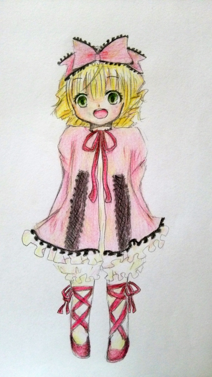 1girl :d blonde_hair bow dress full_body green_eyes hina_ichigo hinaichigo image long_sleeves looking_at_viewer open_mouth pink_bow pink_dress ribbon shoes short_hair smile solo standing
