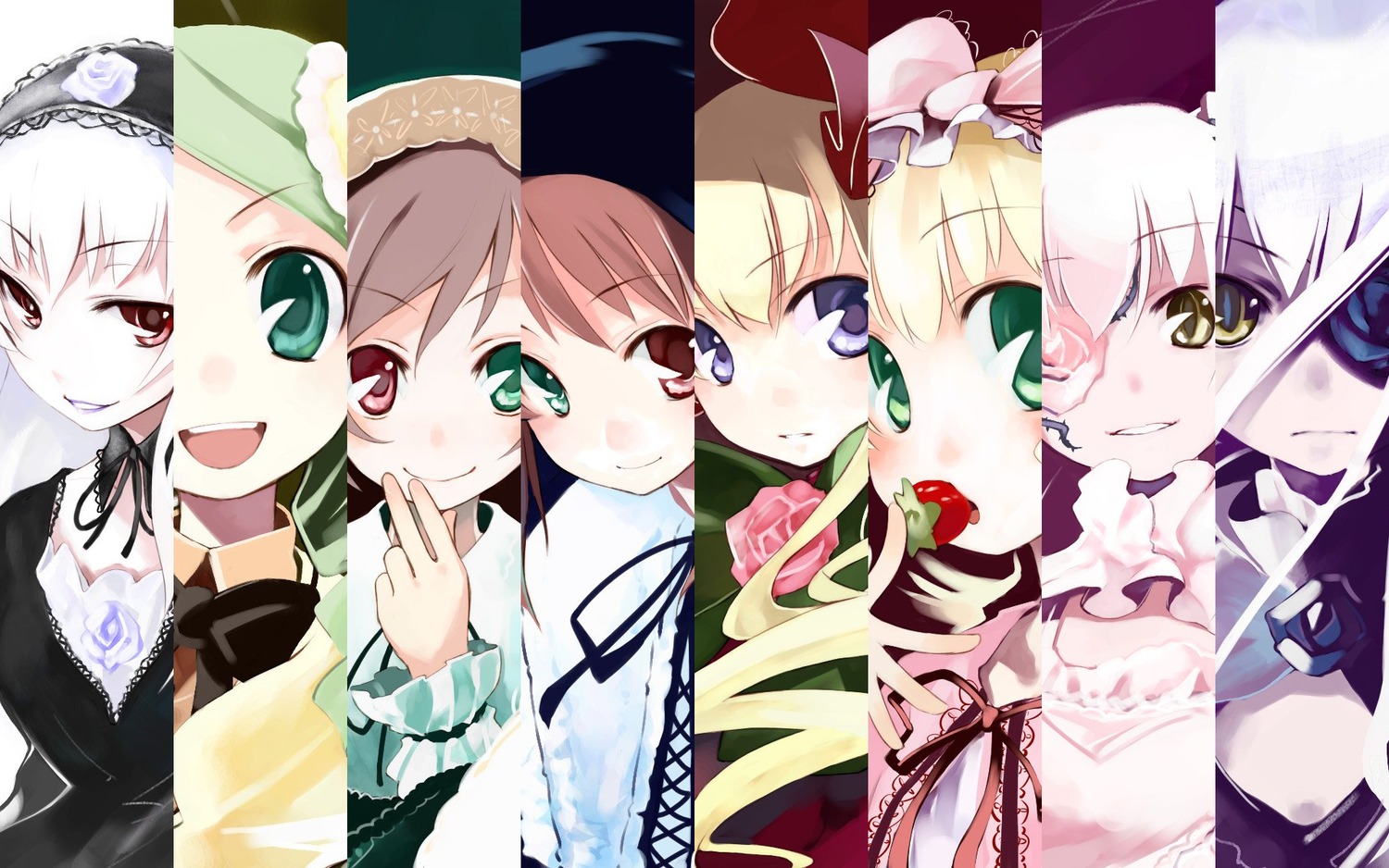 6+girls blonde_hair blue_eyes brown_hair column_lineup green_eyes hairband hat heterochromia hina_ichigo image kanaria long_hair looking_at_viewer multiple multiple_girls open_mouth red_eyes shinku siblings silver_hair sisters smile souseiseki suigintou suiseiseki tagme twins