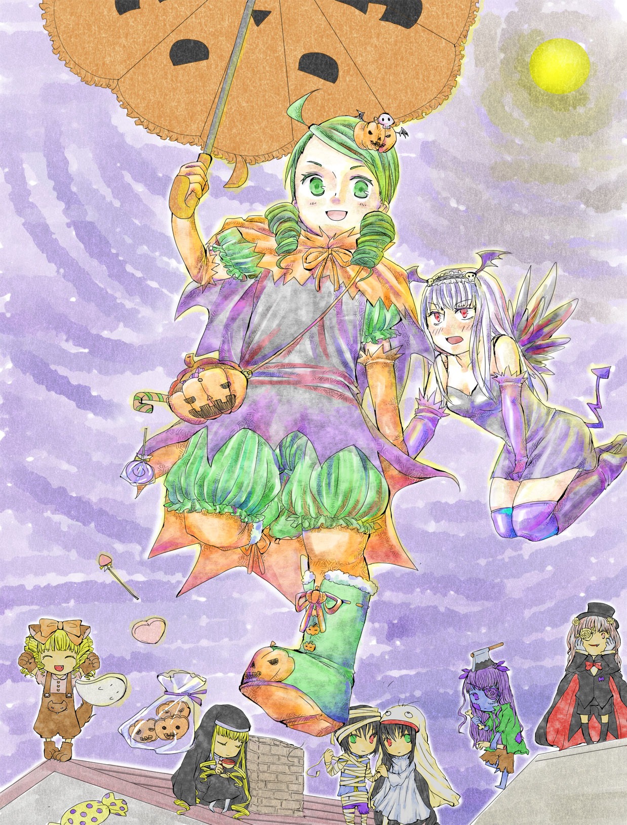 6+girls blonde_hair candy dress food green_eyes green_hair halloween hat image jack-o'-lantern kanaria long_hair moon multiple multiple_girls pumpkin red_eyes tagme thighhighs umbrella witch_hat