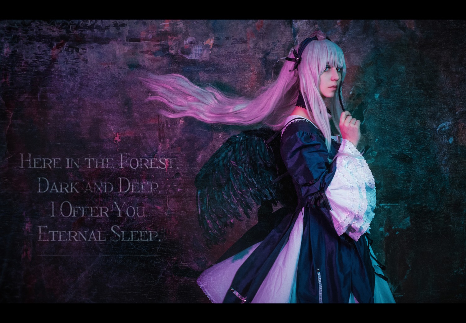 1girl black_wings copyright_name dress english_text flower hairband letterboxed long_hair long_sleeves profile solo suigintou wings