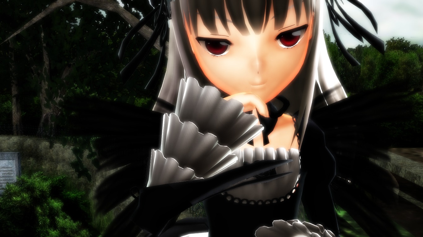 1girl auto_tagged detached_collar dress dutch_angle frills hairband image long_hair long_sleeves looking_at_viewer red_eyes smile solo suigintou tree