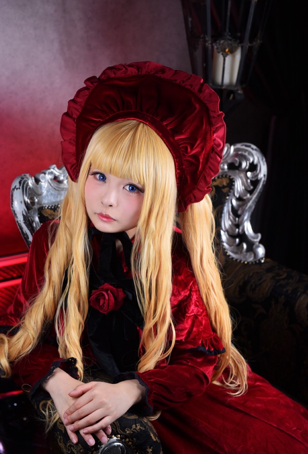 1girl bangs blonde_hair blue_eyes bonnet candle dress eyelashes flower hands_together lips long_hair long_sleeves looking_at_viewer own_hands_together red_dress rose shinku solo
