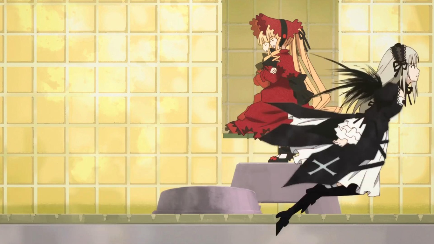 2girls blonde_hair dress image long_hair long_sleeves multiple_girls pair shinku silver_hair sitting standing suigintou tiles very_long_hair wings