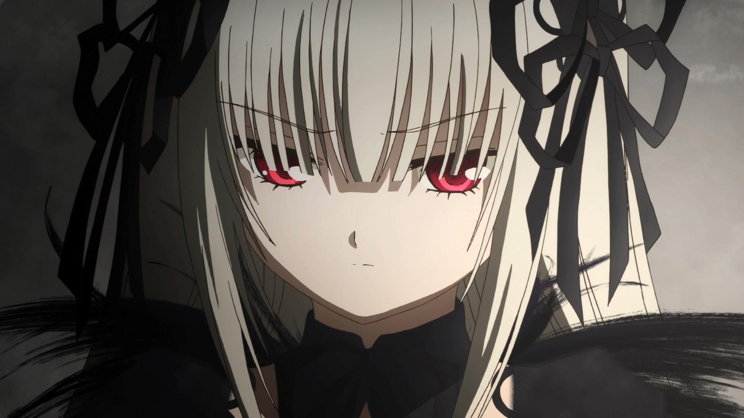 1girl auto_tagged bangs black_dress black_ribbon black_wings closed_mouth dress eyebrows_visible_through_hair hair_ribbon image long_hair looking_at_viewer red_eyes ribbon solo suigintou