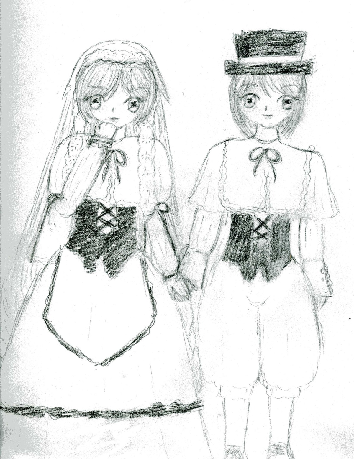 2girls blush capelet dress frills full_body hat image long_hair long_sleeves looking_at_viewer monochrome multiple_girls pair short_hair siblings sisters souseiseki standing suiseiseki twins