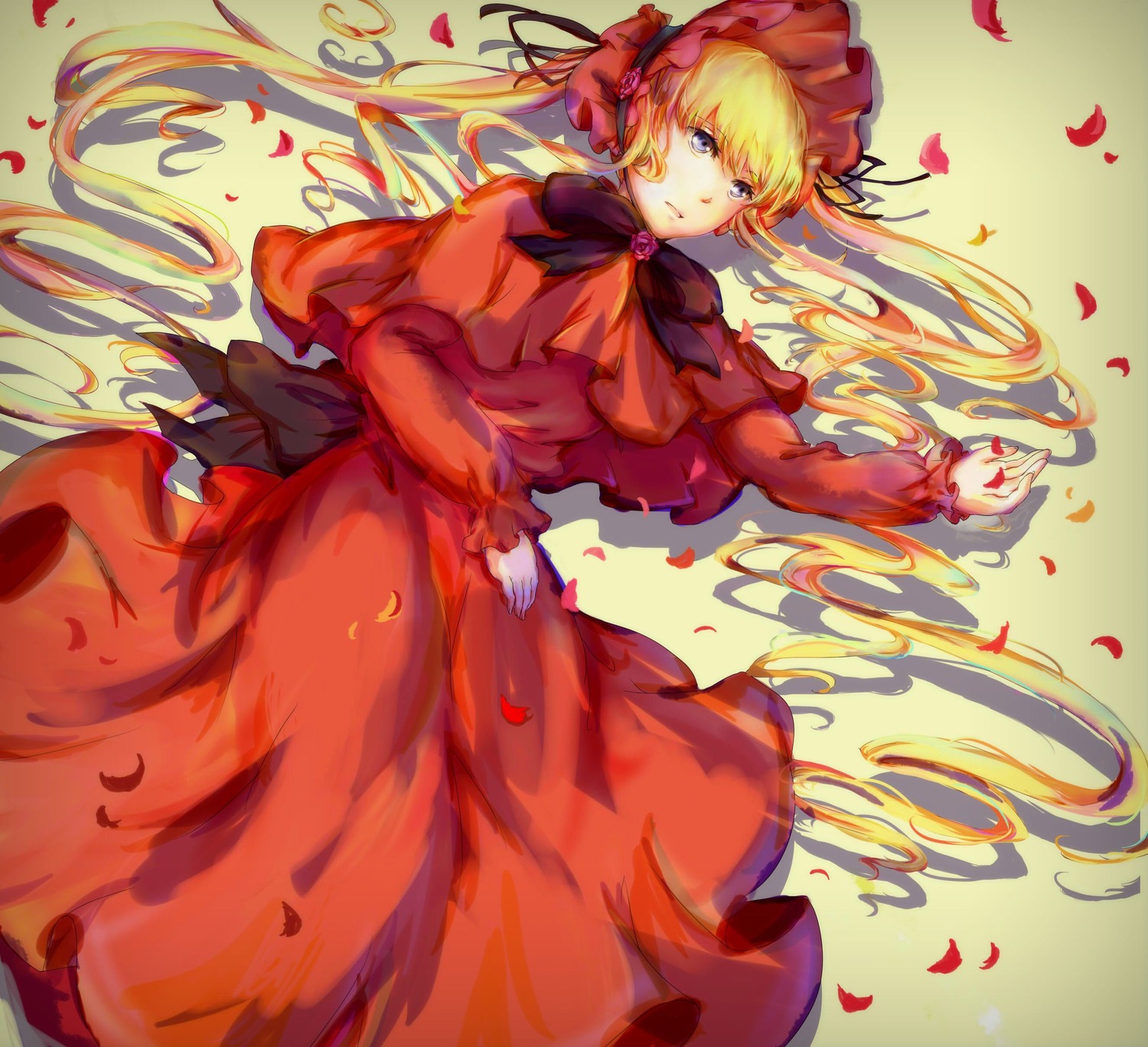 1girl blonde_hair blue_eyes bonnet bow capelet dress flower image long_hair long_sleeves looking_at_viewer petals red_capelet red_dress rose rose_petals shinku solo twintails very_long_hair