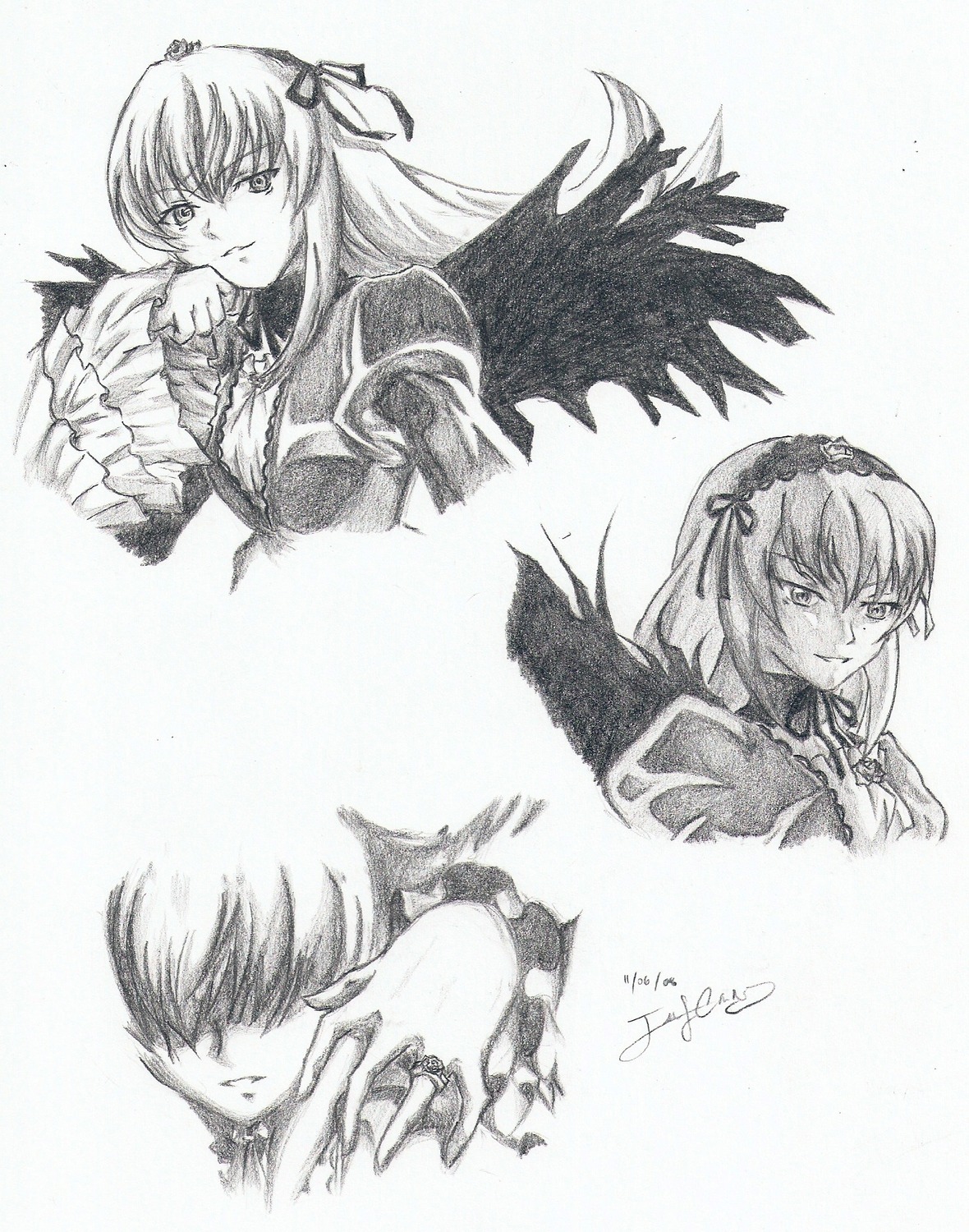 1girl dress greyscale image long_hair long_sleeves looking_at_viewer monochrome smile solo suigintou wings