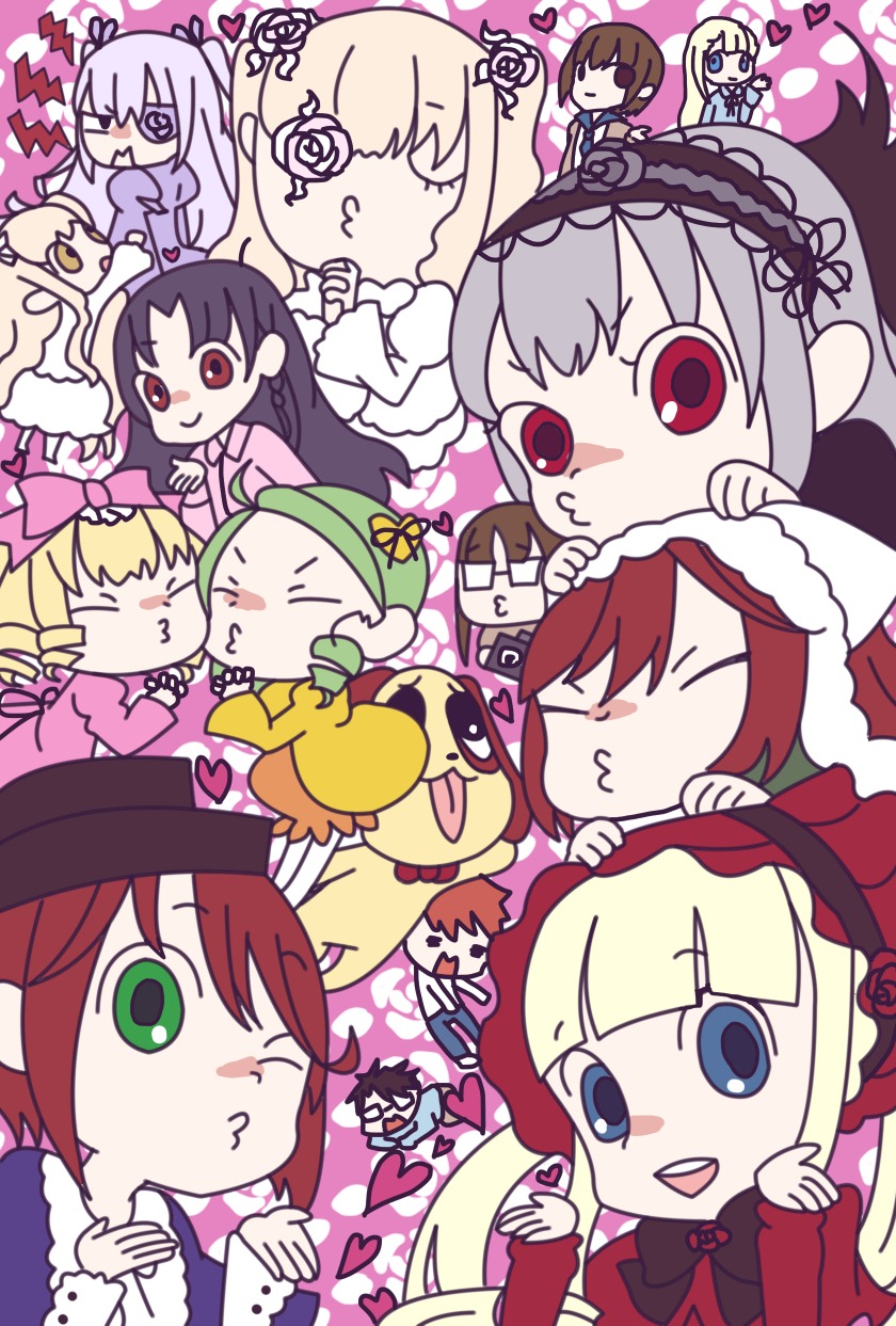 6+girls >_< ^_^ auto_tagged blonde_hair blue_eyes bow brown_hair closed_eyes dress drill_hair everyone eyepatch green_hair hair_ornament hat heart hina_ichigo image kanaria multiple multiple_girls one_eye_closed open_mouth pink_bow shinku silver_hair smile souseiseki suigintou suiseiseki tagme twintails