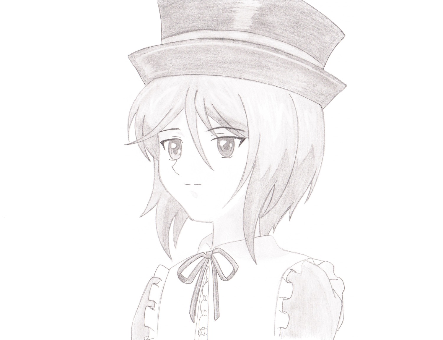 1girl closed_mouth eyebrows_visible_through_hair frills greyscale hat image looking_at_viewer monochrome neck_ribbon ribbon short_hair solo souseiseki striped striped_background vertical_stripes