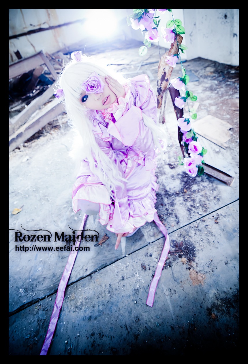 1girl barasuishou black_border border dress flower frills letterboxed long_hair pillarboxed purple_eyes solo windowboxed yakumo_yukari
